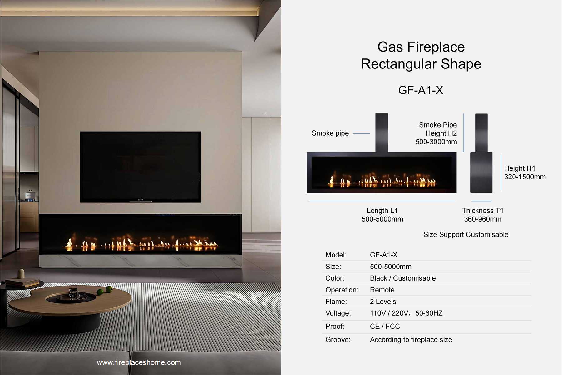 Gas fireplace rectangular shape GF-A1-1 Length 1600mm 2 product size gas fireplace gf a1 1 x rectangular shape en