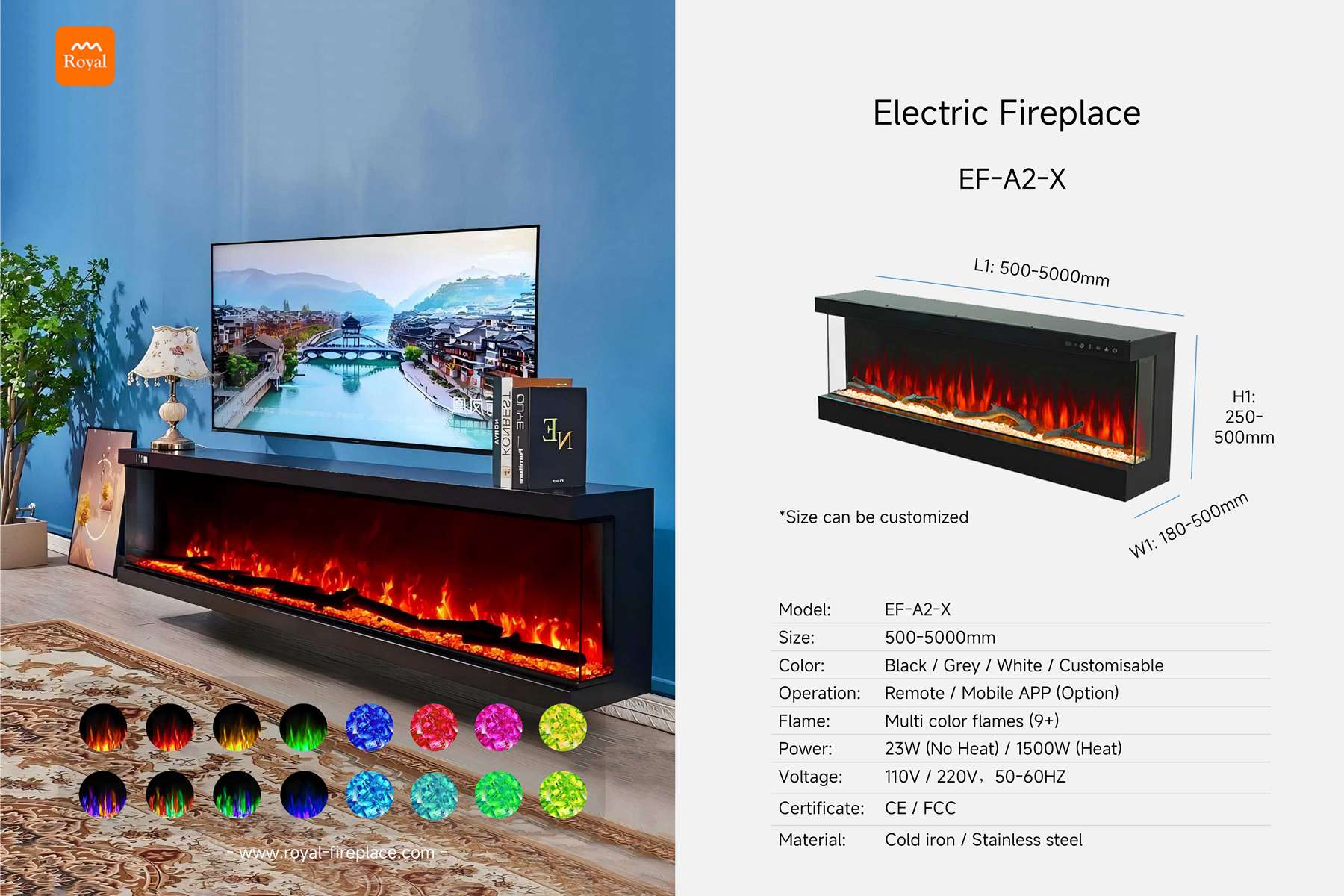 Electric fireplace rectangular shape 3 side fire view EF-A2-1 series 1 Royal product size electric fireplace ef a2 x 3 side rectangular shape en 1.jpg
