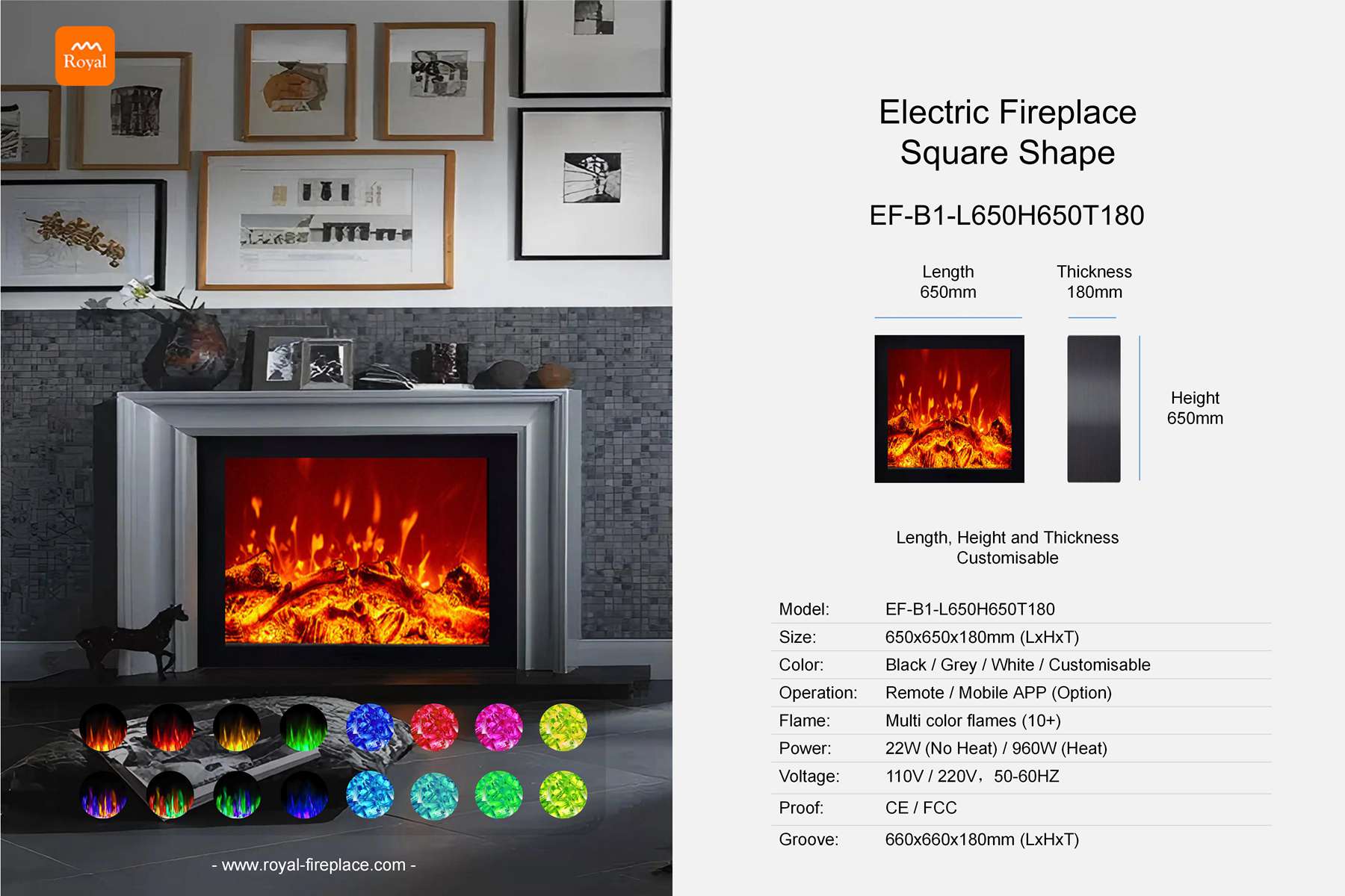Electric fireplace square shape EF-B1-1 Length 650mm 1 Royal product size electric fireplace ef b1 1 l650h650t180 square shape en 1.jpg