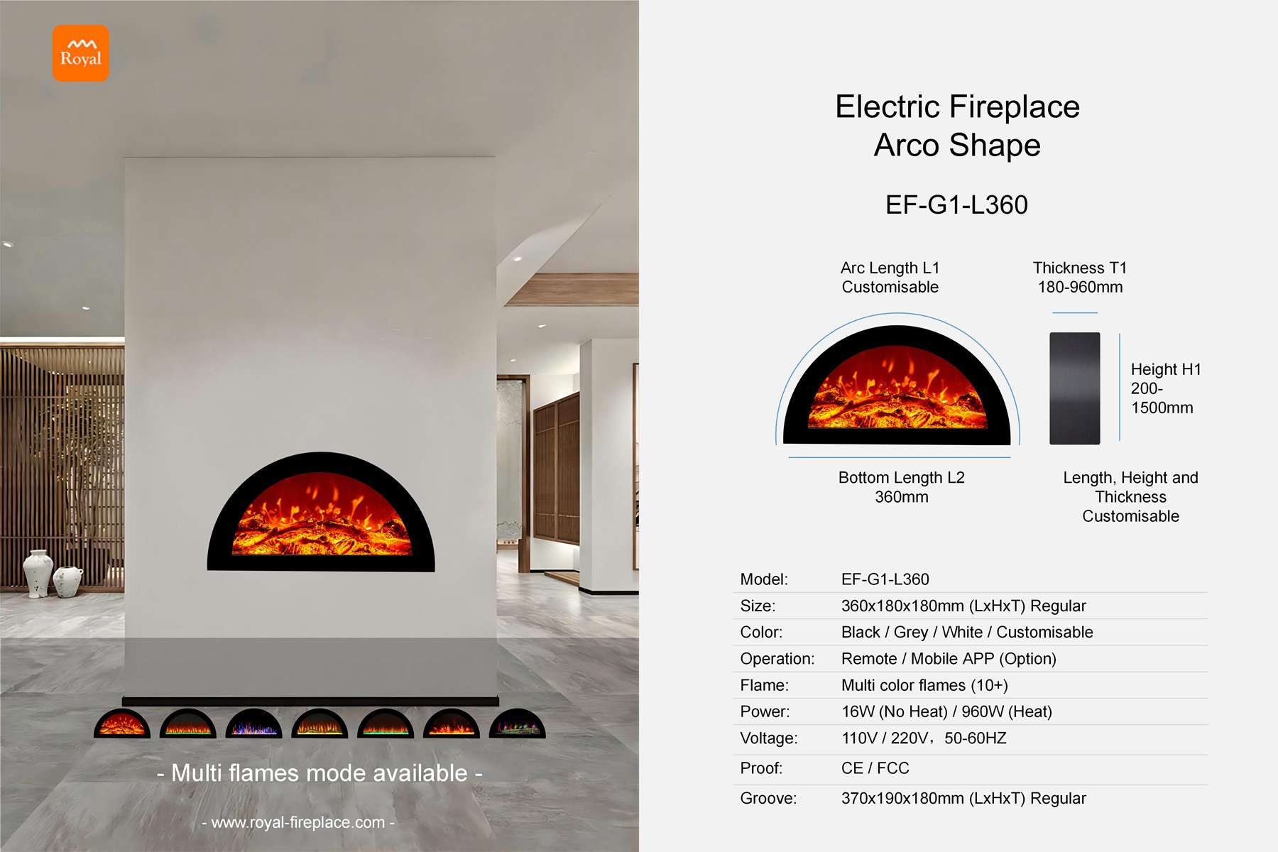 Electric fireplace arco shape EF-G1-1 Length 360mm 1 Royal product size electric fireplace ef g1 1 l360 arco shape en 1.jpg