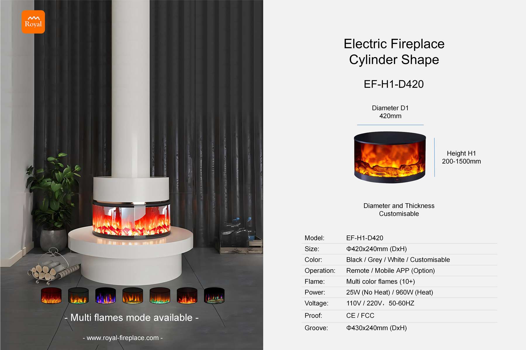 Electric fireplace cylinder shape EF-H1-1 Diameter 420mm 1 Royal product size electric fireplace ef h1 1 d420 cylinder shape en 1.jpg