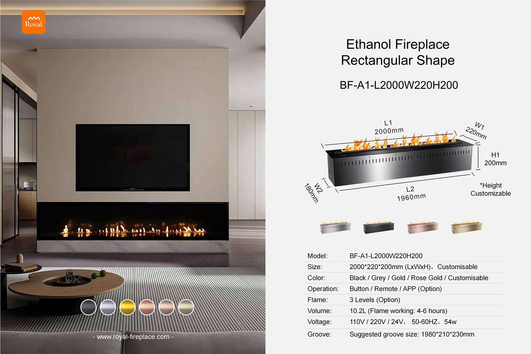 Ethanol fireplace rectangular shape BF-A1-1 Length 2000mm 1 Royal product size ethanol fireplace bf a1 1 l2000w220h200 retangular shape en 1.jpg