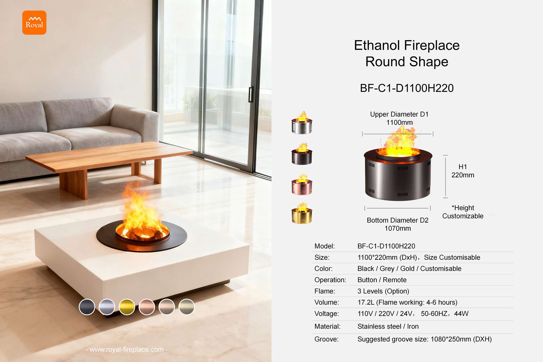 Ethanol fireplace round shape BF-C1-1 Diameter 1100mm 1 Royal product size ethanol fireplace bf c1 1 d1100h220 round shape en 1.jpg