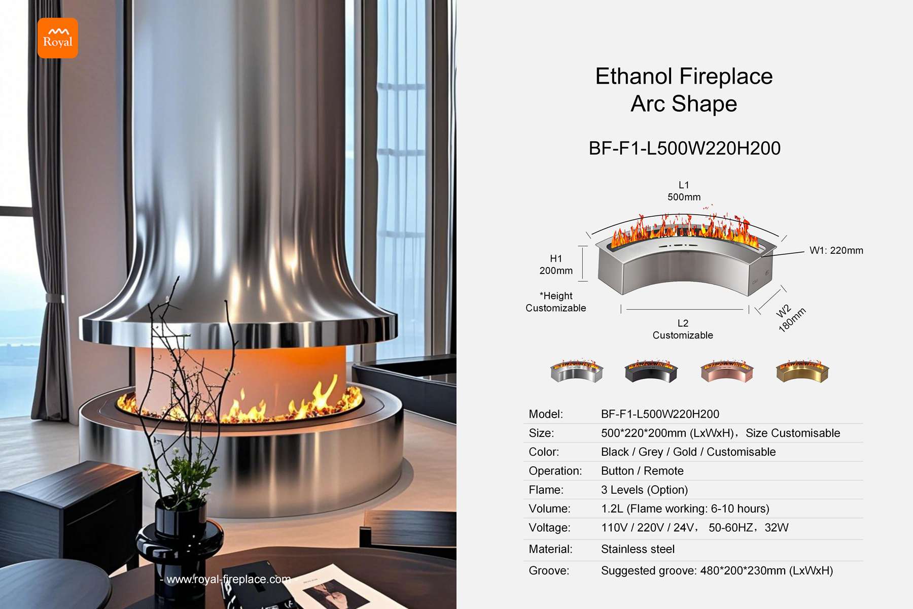 Ethanol fireplace arc shape BF-F1-1 Length 500mm 1 Royal product size ethanol fireplace bf f1 1 l500w220h200 arc shape en 1.jpg