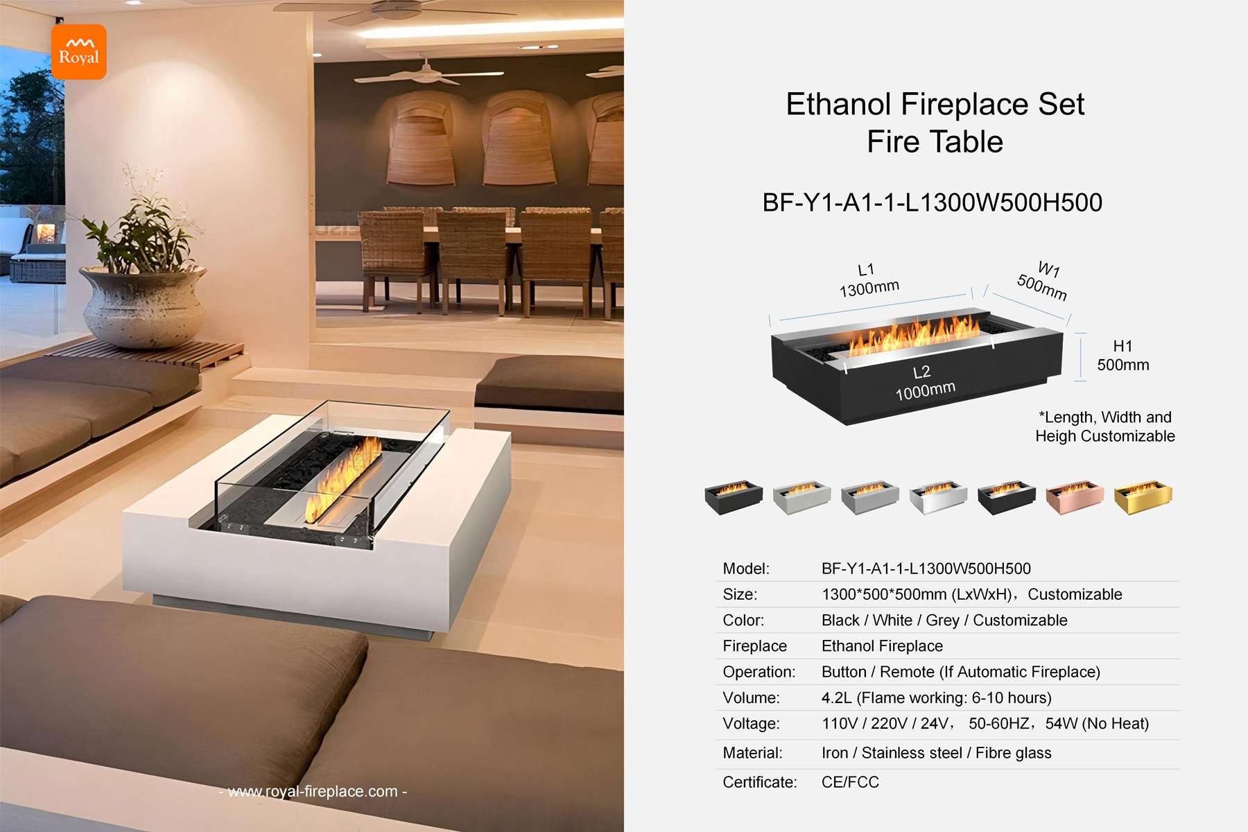 Ethanol fireplace table rectangular shape BF-Y1-A1-1 Length 1300mm 1 Royal product size ethanol fireplace set fire table bf y1 a1 1 l1300w500h500 en 1.jpg