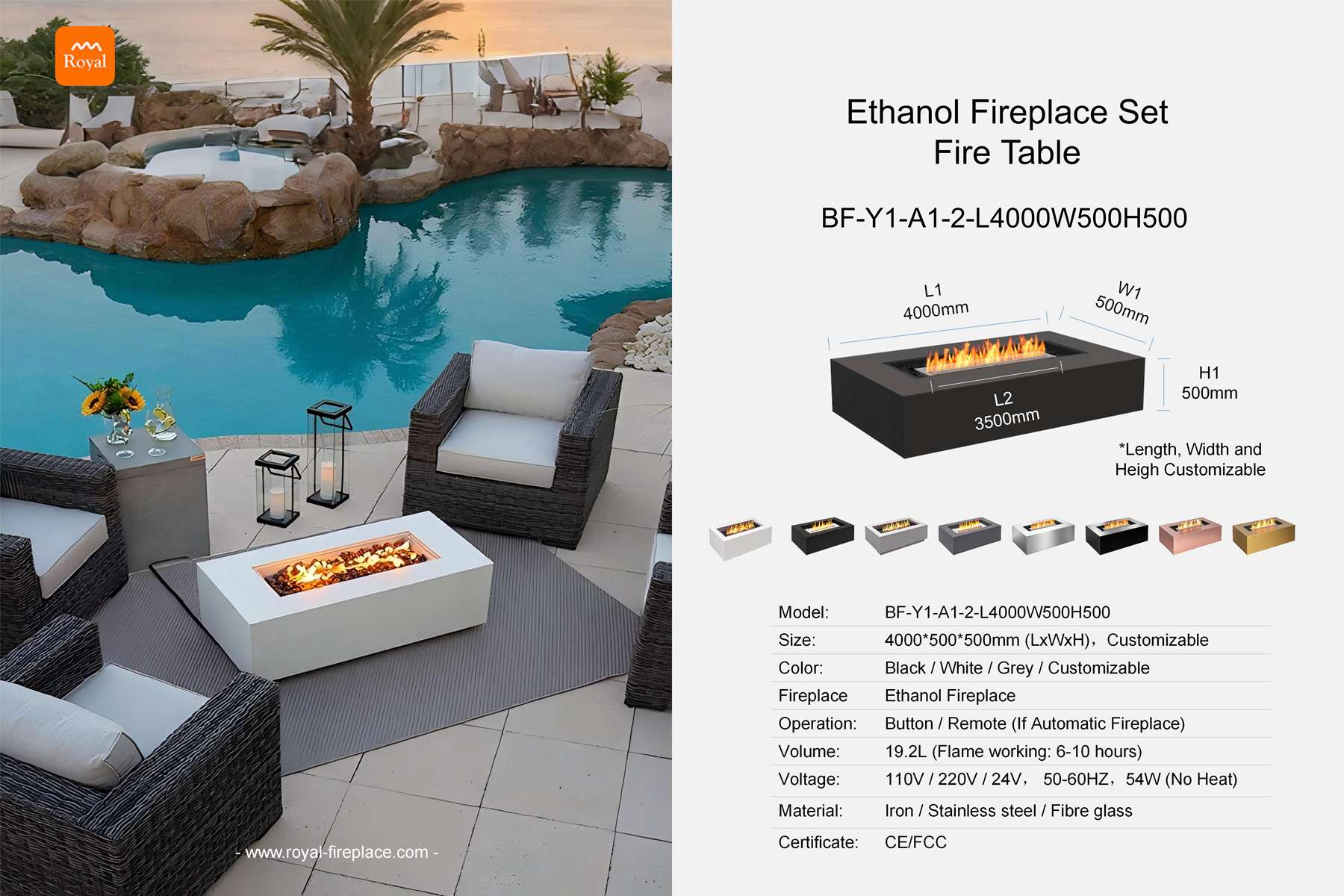 Ethanol fireplace table rectangular shape BF-Y1-A1-2 Length 4000mm 1 Royal product size ethanol fireplace set fire table bf y1 a1 2 l4000w500h500 en 1.jpg