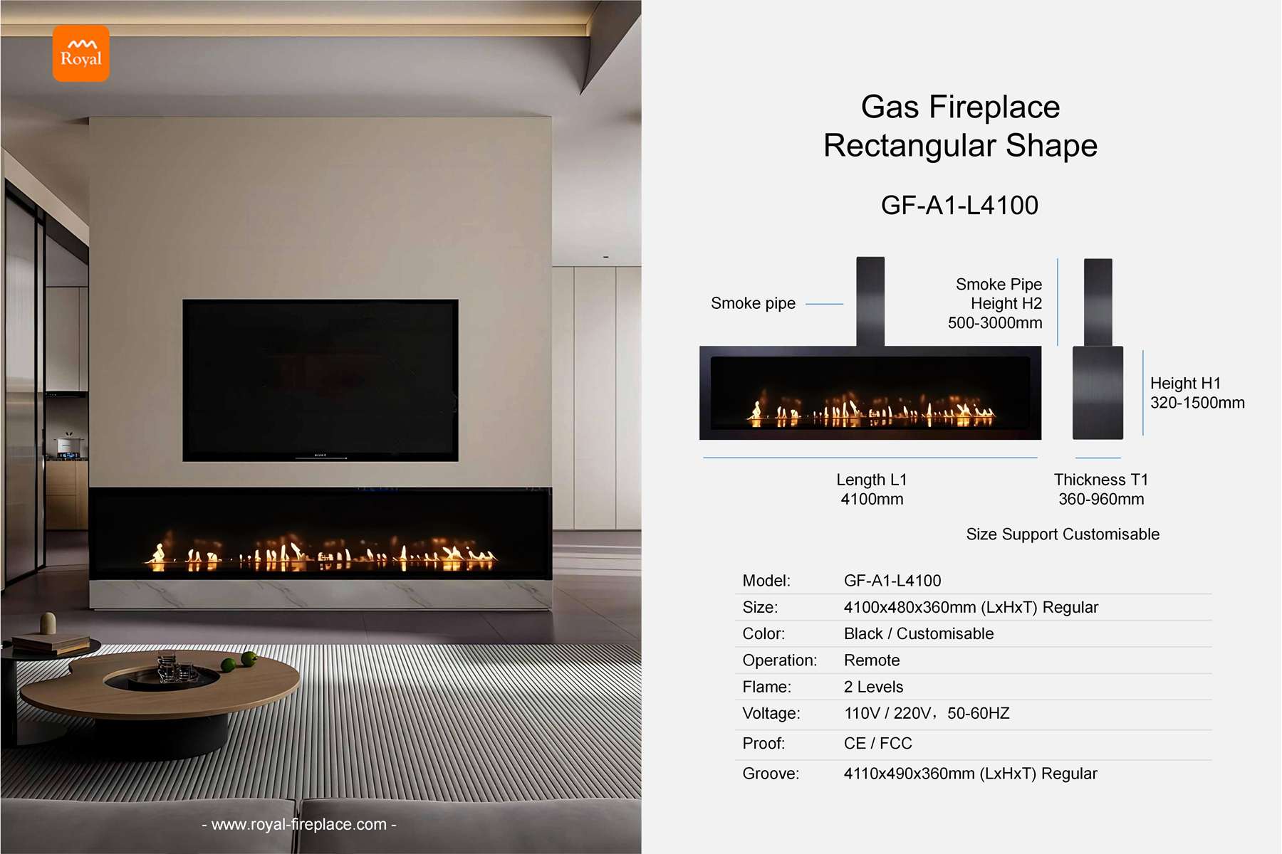 Gas fireplace rectangular shape GF-A1-1 Length 4100mm 1 Royal product size gas fireplace gf a1 1 l4100 rectangular shape en 2.jpg