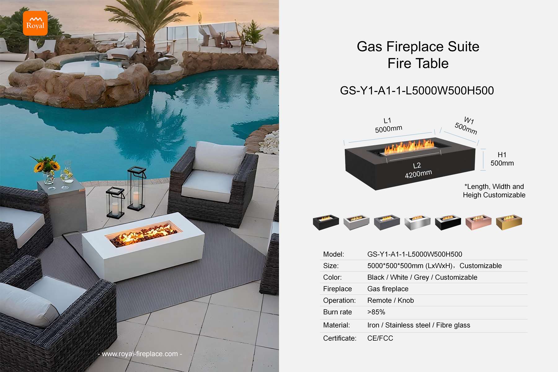 Gas fireplace table rectangular shape GF-Y1-A1-1 Length 5000mm 1 Royal product size gas fireplace set fire table gf y1 a1 2 l5000w500h500 en 2.jpg
