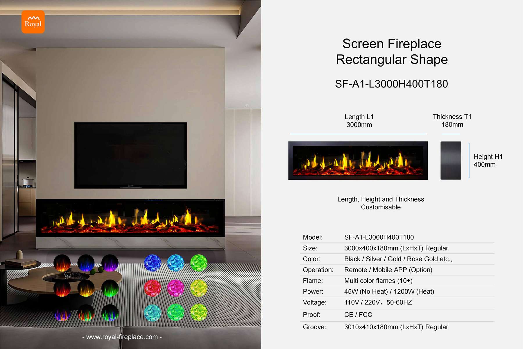 Screen fireplace rectangular shape SF-A1-1 Length 3000mm 1 Royal product size screen fireplace sf a1 1 l3000h400t180 en 1.jpg
