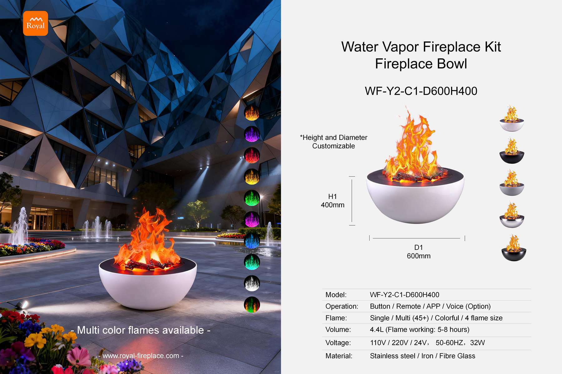 Water vapor fireplace bowl round shape WF-Y2-C1-1 Diameter 600mm 1 Royal product size water vapor fireplace set fireplace bowl wf y2 c1 1 d600h300 en 1.jpg