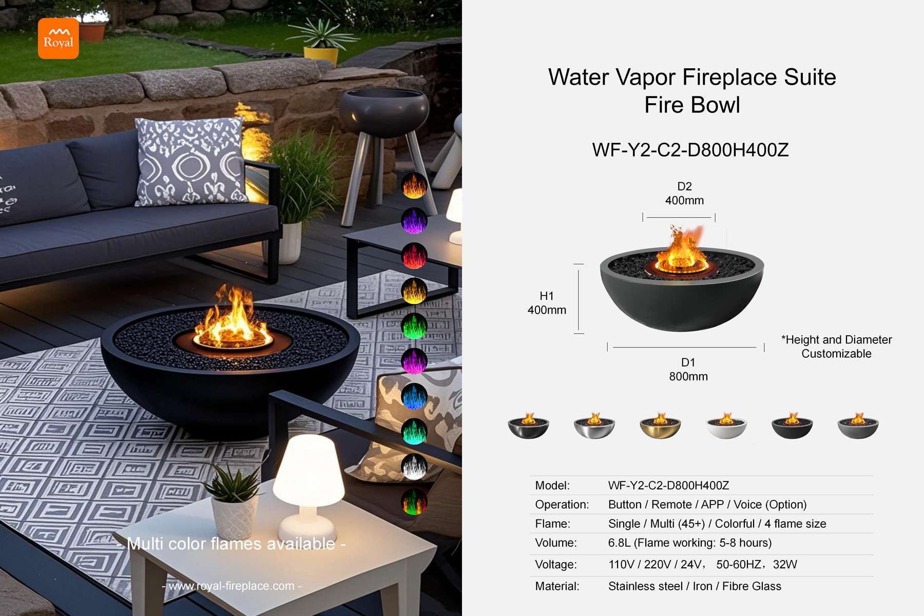 Water vapor fireplace bowl round shape WF-Y2-C2-1 Diameter 800mm 1 Royal product size water vapor fireplace set fireplace bowl wf y2 c2 1 d800h400 en 1.jpg