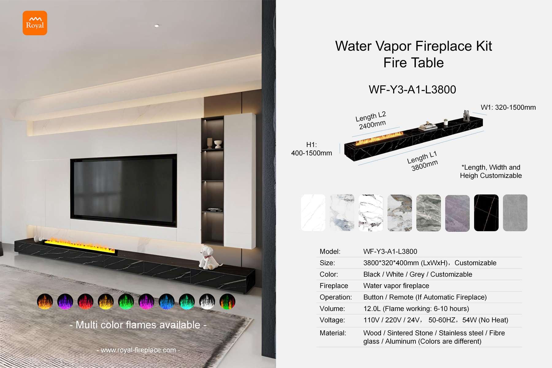 Water vapor fireplace cabinet rectangular shape WF-Y3-A1-2 Length 3800mm 1 Royal product size water vapor fireplace set fireplace cabinet wf y3 a1 2 l3800 en 1.jpg