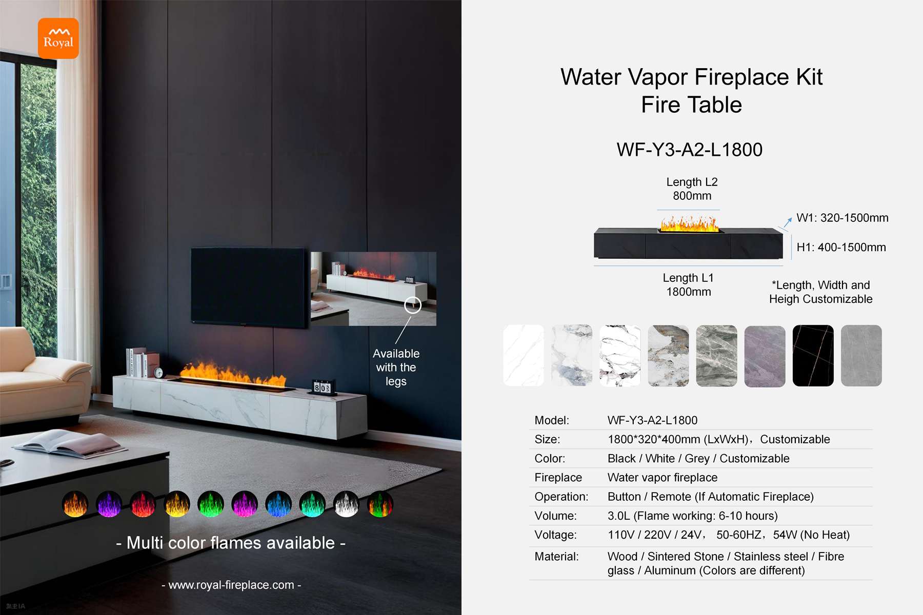 Water vapor fireplace cabinet rectangular shape WF-Y3-A2-1 Length 1800mm 1 Royal product size water vapor fireplace set fireplace cabinet wf y3 a2 1 l1800 en 1.jpg