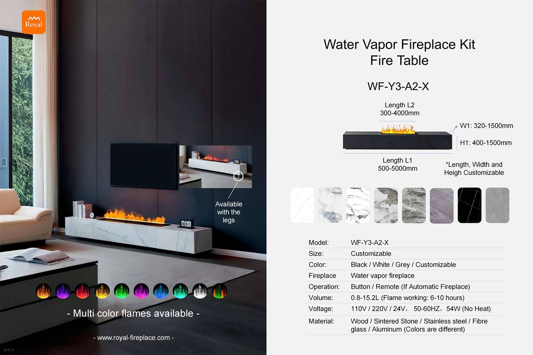 Water vapor fireplace cabinet rectangular shape WF-Y3-A2-1 series 1 Royal product size water vapor fireplace set fireplace cabinet wf y3 a2 1 x en 1.jpg