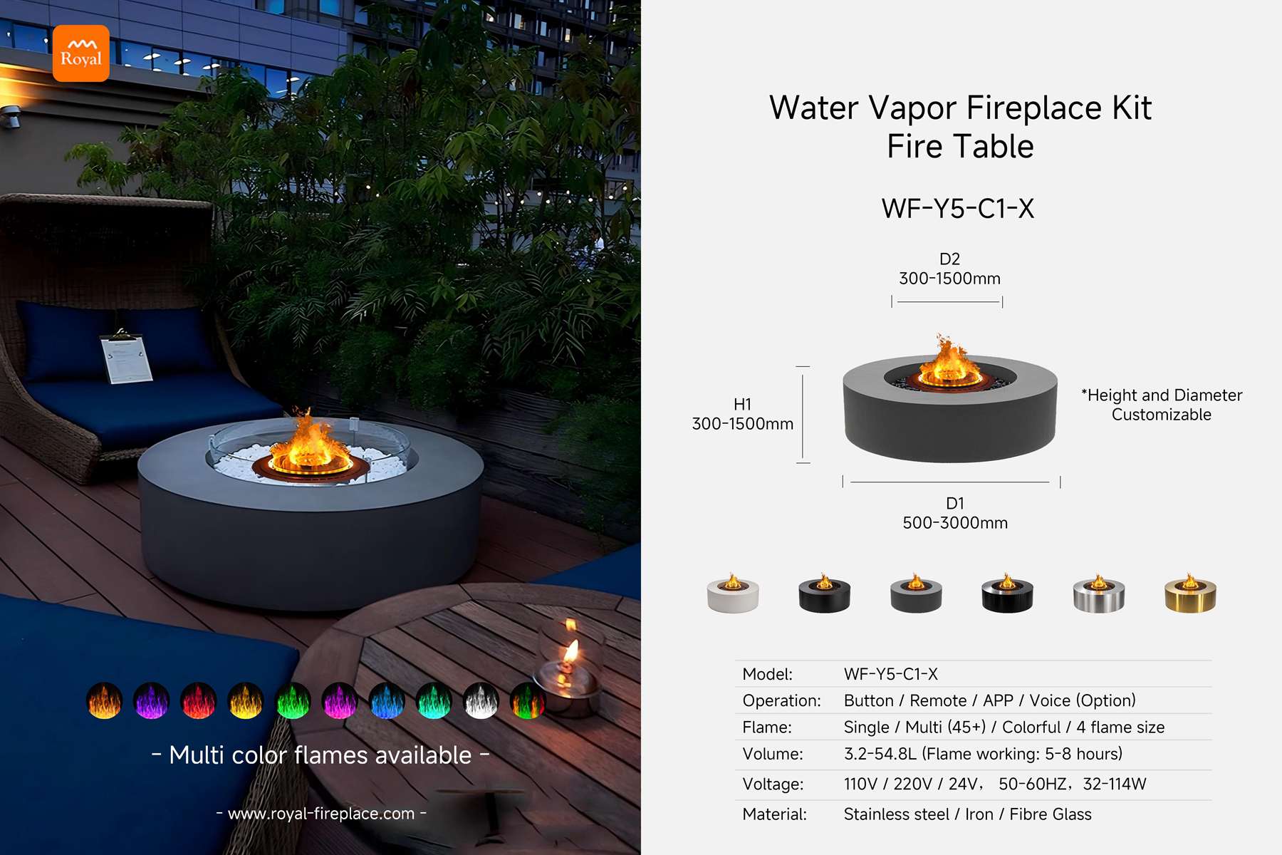 Water vapor fireplace pit round shape WF-Y5-C1-1 series 1 Royal product size water vapor fireplace set fireplace pit wf y5 c1 1 x en 1.jpg