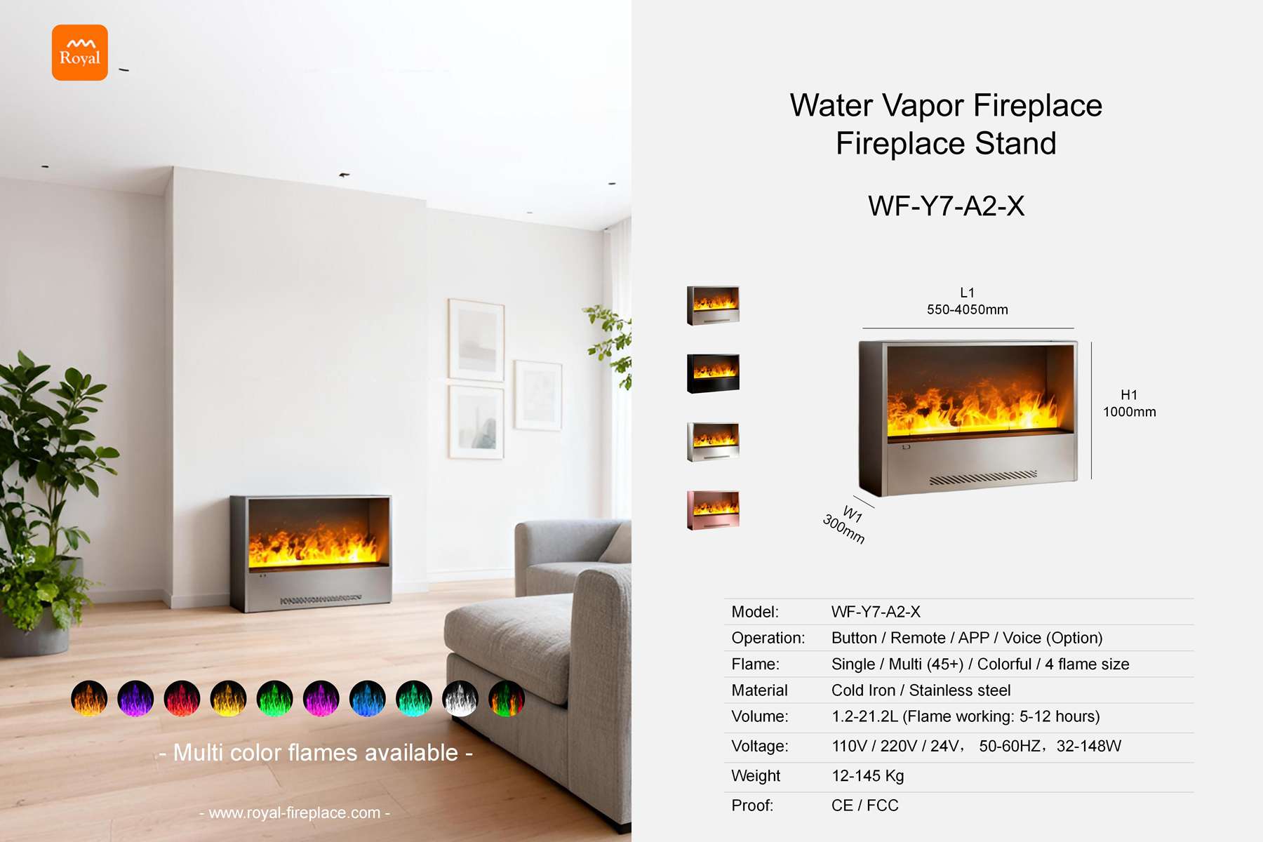 Water vapor fireplace stand rectangular shape WF-Y7-A2-1 series 1 Royal product size water vapor fireplace set fireplace stand wf y7 a2 1 x en 1.jpg