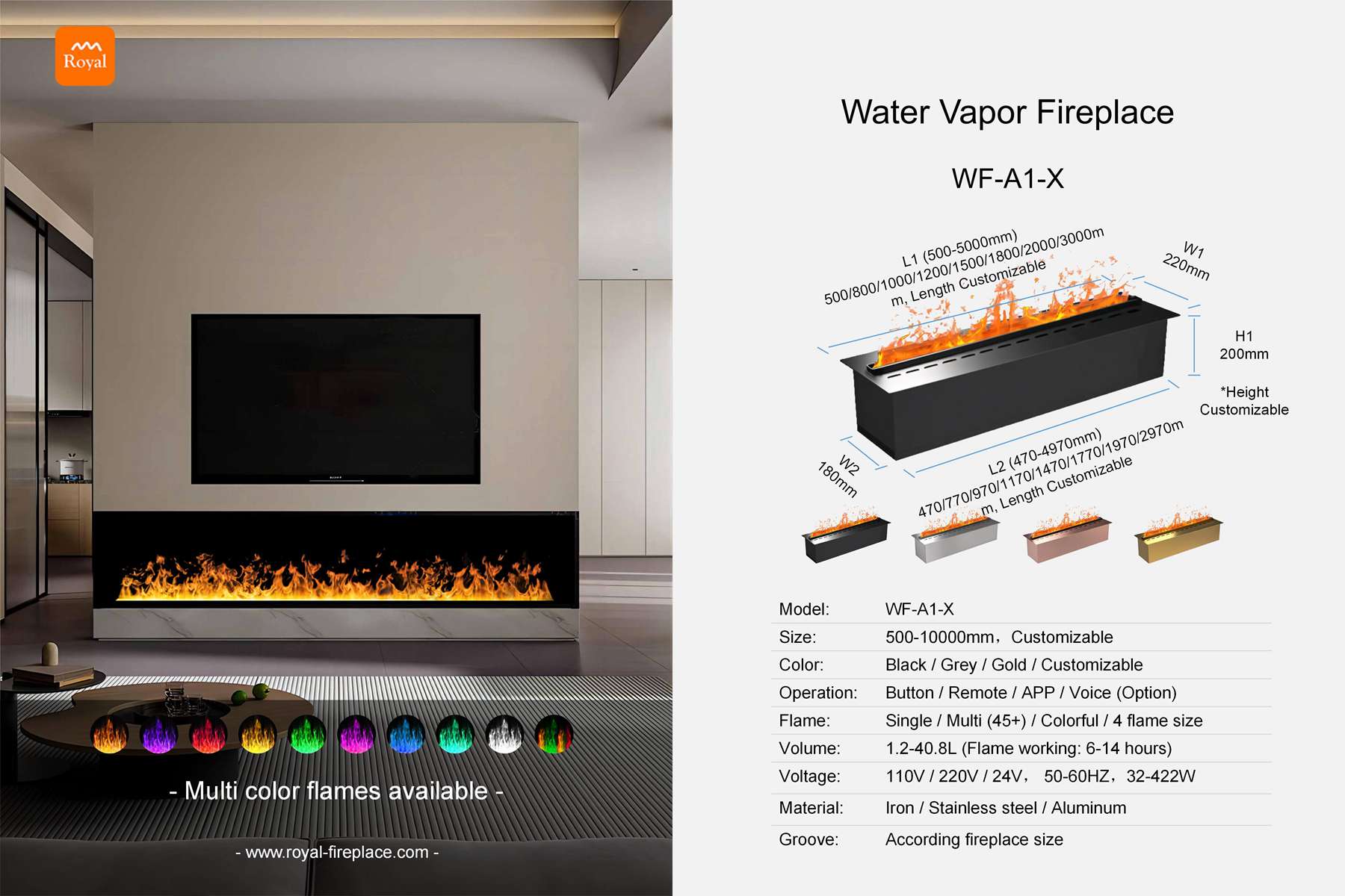 Water vapor fireplace rectangular shape WF-A1-1 series 1 Royal product size water vapor fireplace wf a1 1 x rectangular shape en 1.jpg