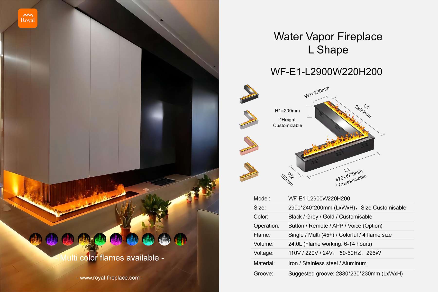 Water vapor fireplace L shape WF-E1-1 Length 2900mm 1 Royal product size water vapor fireplace wf e1 1 l2900w220h200 l shape en 1.jpg