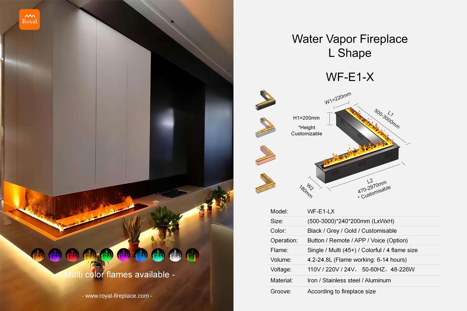 Water vapor fireplace L shape WF-E1-1 series 1 Royal product size water vapor fireplace wf e1 1 x l shape en 1.jpg